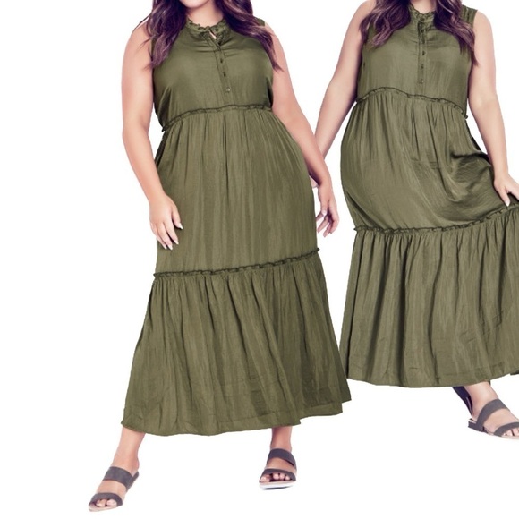 ARNA York Size 14/16 (0X) Sleeveless Silky Deep Olive Tiered Maxi Dress (R24.10) - Picture 1 of 7